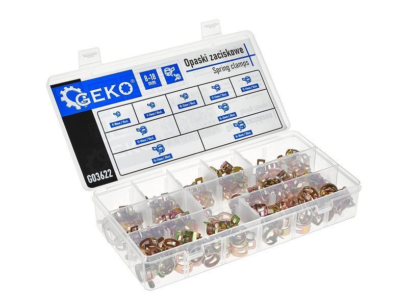 Набор стальных пружинных хомутов 8&ndash;18 мм 135 шт для шлангов и патрубков Geko G03622 G03622 фото